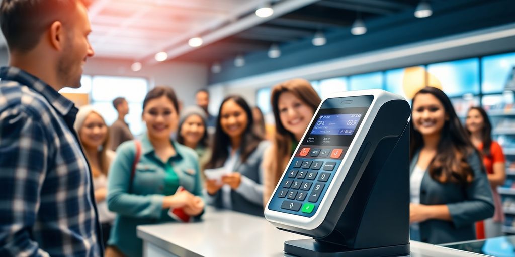 Payment terminal with happy customers in a retail setting.