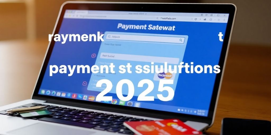 Laptop with payment interface and credit cards around it.