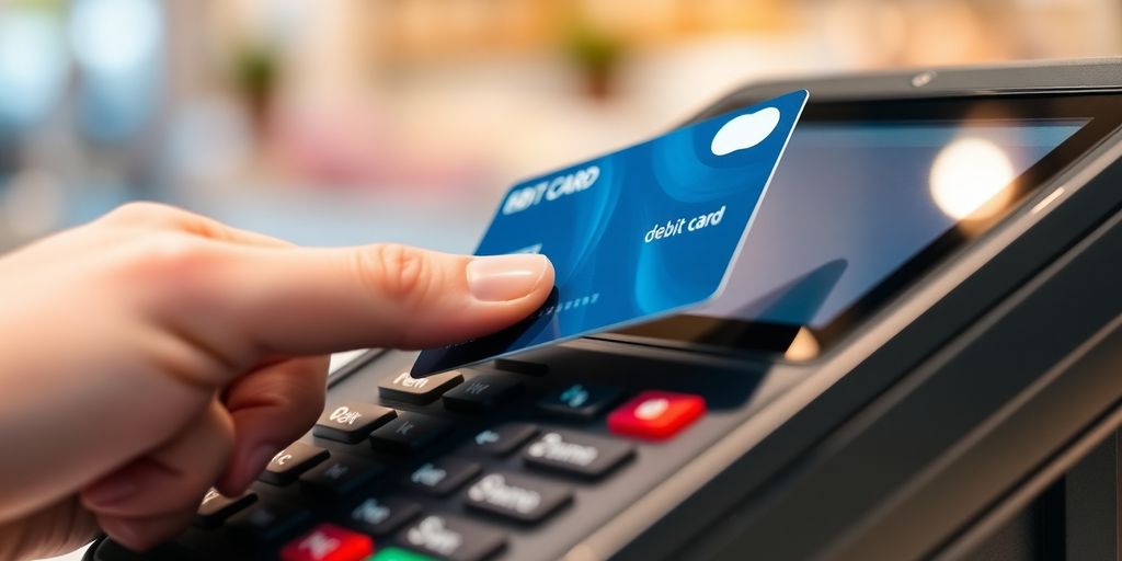 Debit card being used at a modern POS terminal.