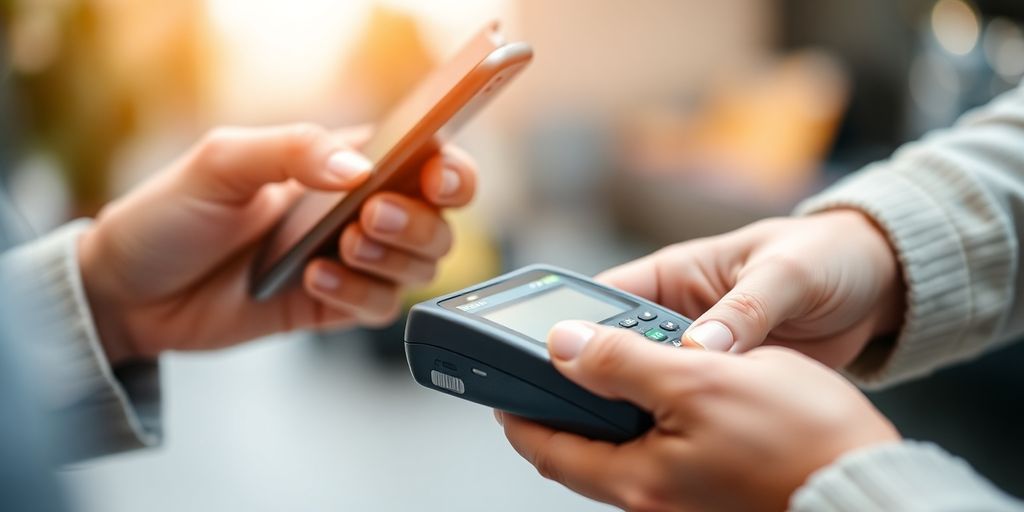 Hands exchanging a digital payment device outdoors.
